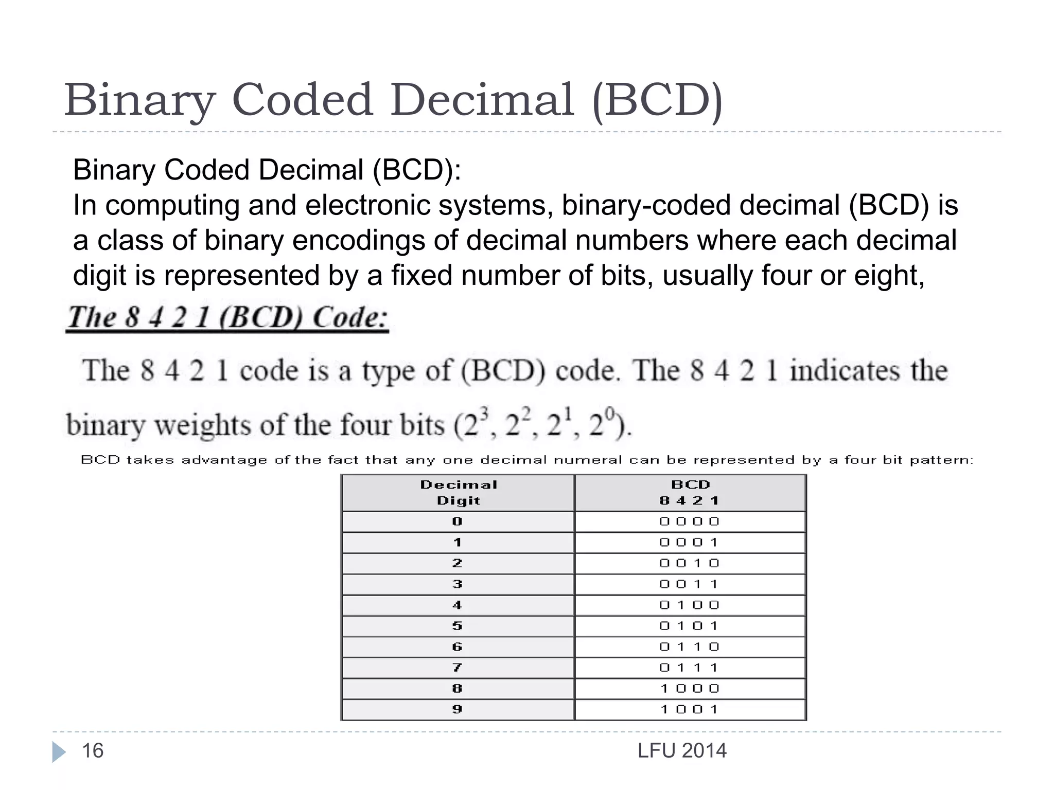 Binary Coded Decimal (BCD)
LFU 201416
Binary Coded Decimal (BCD):
In computing and electronic systems, binary-coded decimal (BCD) is
a class of binary encodings of decimal numbers where each decimal
digit is represented by a fixed number of bits, usually four or eight,
 