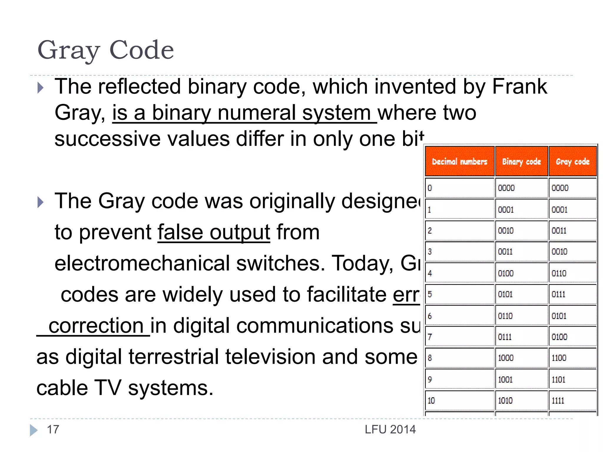 Gray Code
LFU 201417
 The reflected binary code, which invented by Frank
Gray, is a binary numeral system where two
successive values differ in only one bit.
 The Gray code was originally designed
to prevent false output from
electromechanical switches. Today, Gray
codes are widely used to facilitate error
correction in digital communications such
as digital terrestrial television and some
cable TV systems.
 
