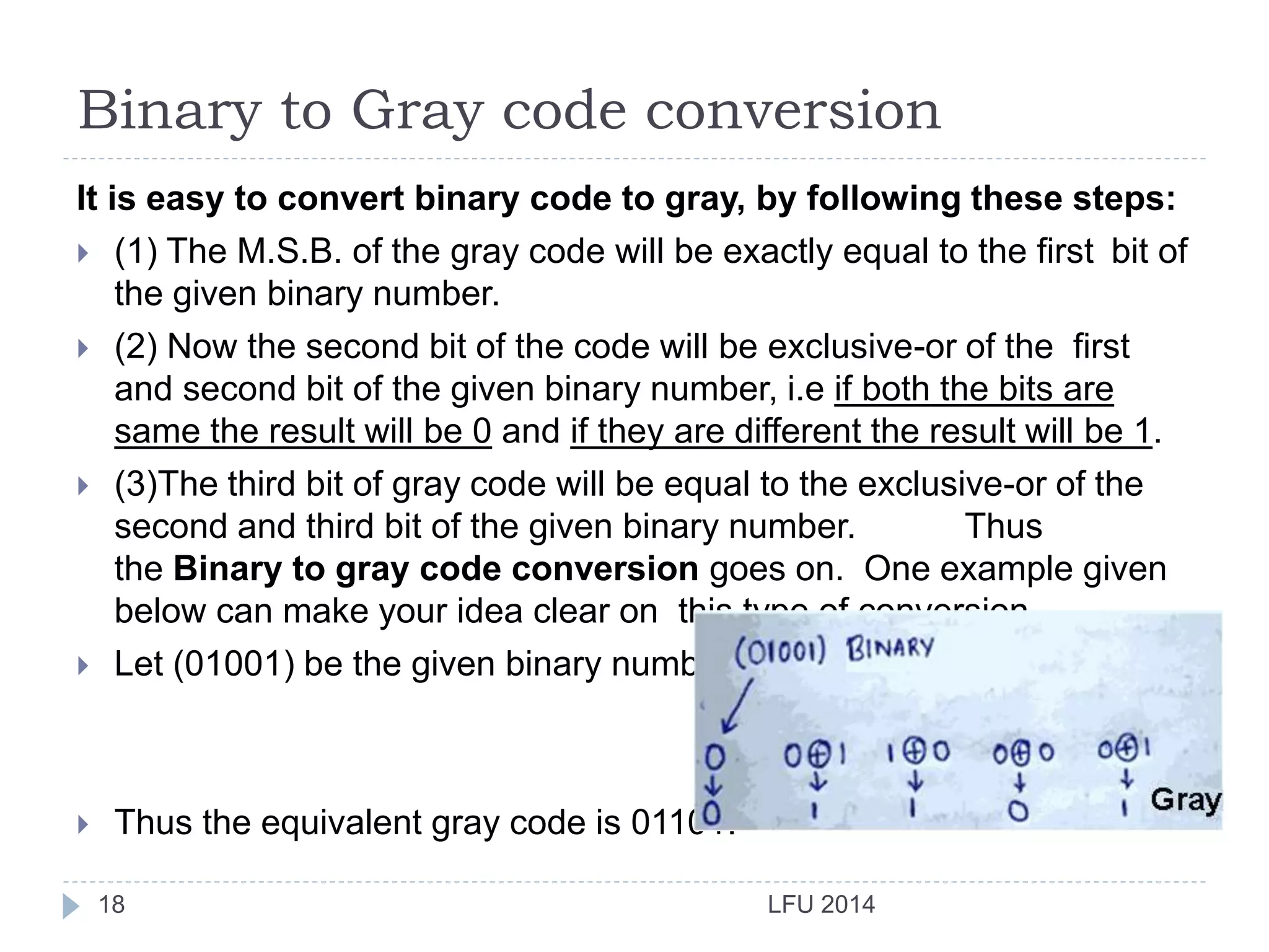 Binary to Gray code conversion
LFU 201418
It is easy to convert binary code to gray, by following these steps:
 (1) The M.S.B. of the gray code will be exactly equal to the first bit of
the given binary number.
 (2) Now the second bit of the code will be exclusive-or of the first
and second bit of the given binary number, i.e if both the bits are
same the result will be 0 and if they are different the result will be 1.
 (3)The third bit of gray code will be equal to the exclusive-or of the
second and third bit of the given binary number. Thus
the Binary to gray code conversion goes on. One example given
below can make your idea clear on this type of conversion.
 Let (01001) be the given binary number
 Thus the equivalent gray code is 01101.
 