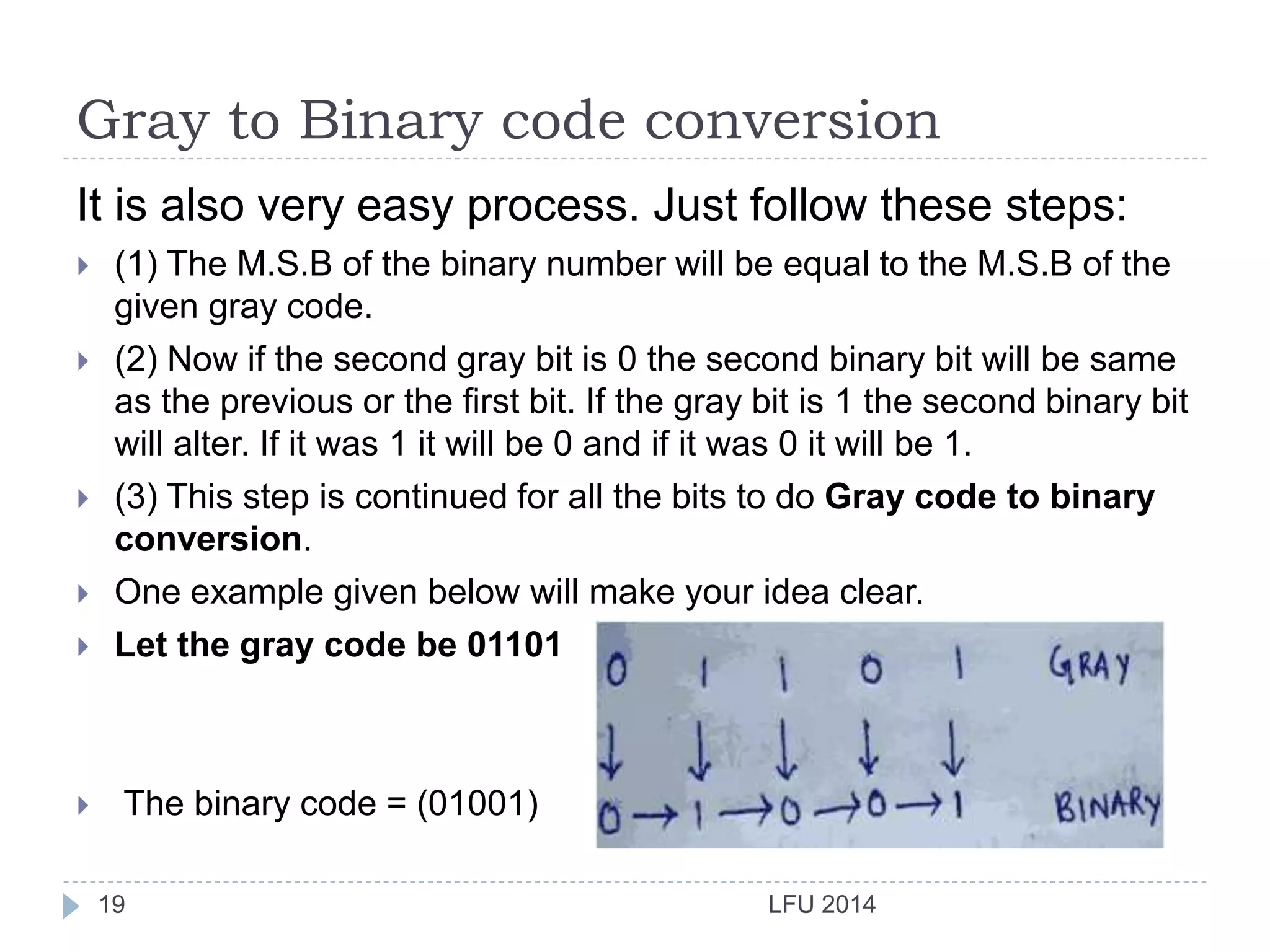 Gray to Binary code conversion
LFU 201419
It is also very easy process. Just follow these steps:
 (1) The M.S.B of the binary number will be equal to the M.S.B of the
given gray code.
 (2) Now if the second gray bit is 0 the second binary bit will be same
as the previous or the first bit. If the gray bit is 1 the second binary bit
will alter. If it was 1 it will be 0 and if it was 0 it will be 1.
 (3) This step is continued for all the bits to do Gray code to binary
conversion.
 One example given below will make your idea clear.
 Let the gray code be 01101
 The binary code = (01001)
 