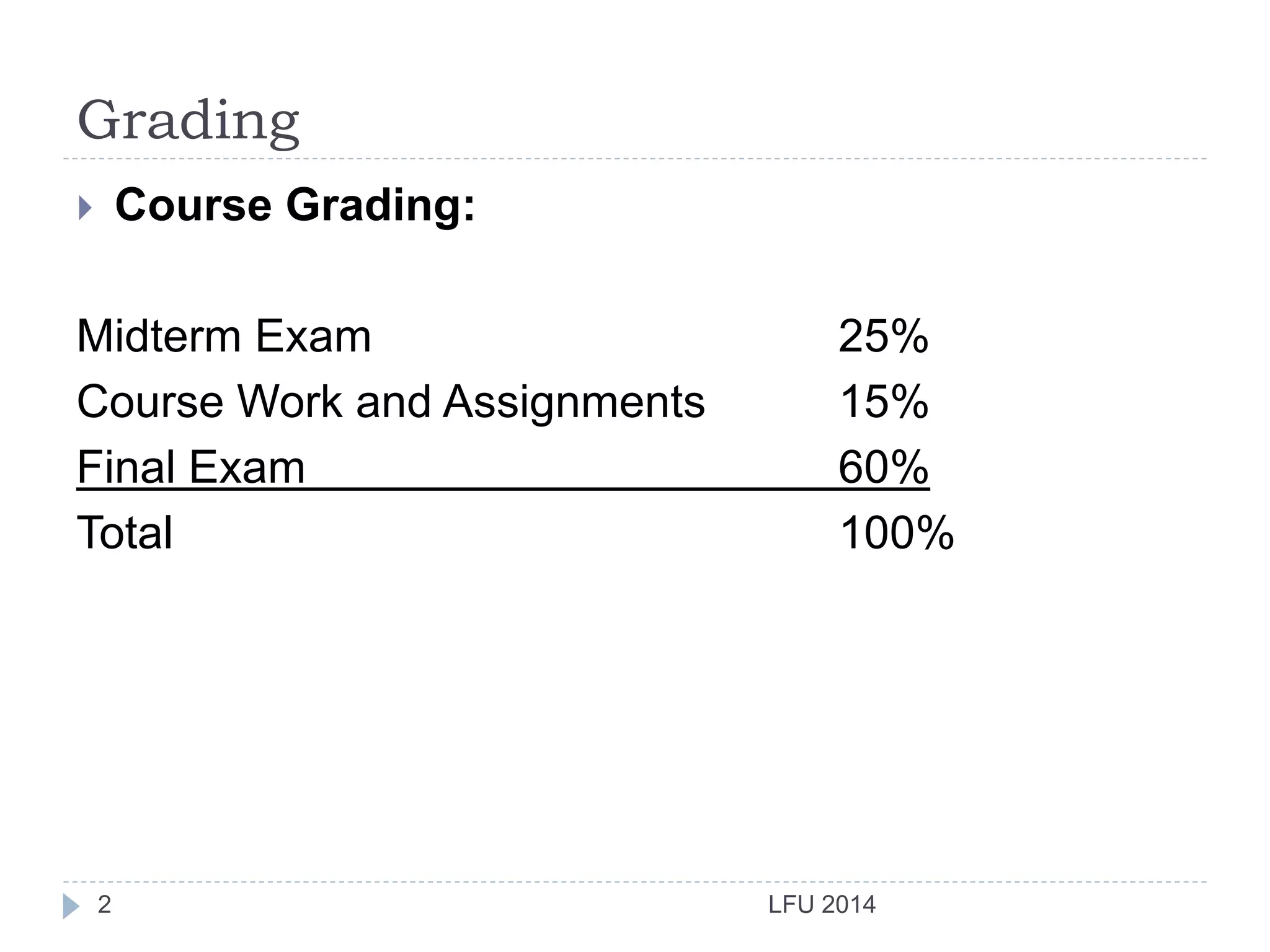 Grading
LFU 20142
 Course Grading:
Midterm Exam 25%
Course Work and Assignments 15%
Final Exam 60%
Total 100%
 