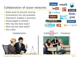 Collaboration of social networks
• Rules tend to prevent sharing
• Connections are not available
• Teamwork needed in business
• Discouraged in schools
• Who has the best tools?
• Who has the best skills?
• 4Cs video
                 Collaboration       Collaboration?   Cheating!




© Logica 2012. All rights reserved                                No. 10
 