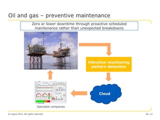 Oil and gas – preventive maintenance
                       Zero or lower downtime through proactive scheduled
                        maintenance rather than unexpected breakdowns




                                                    Vibration monitoring
                                                      pattern detection




                                                          Cloud


                            Specialist companies

© Logica 2012. All rights reserved                                          No. 12
 