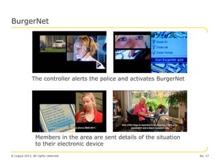 BurgerNet




              The controller alerts the police and activates BurgerNet




                 Members in the area are sent details of the situation
                 to their electronic device

© Logica 2012. All rights reserved                                       No. 17
 