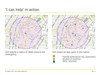 ‘I can help’ in action




ICH selects a radius of 300m around the   ICH shows all App users in the radius:
emergency.
                                                    Trained professional (eg. paramedic)
                                                    Student of medicine
                                                    Other volunteer




© Logica 2012. All rights reserved                                                 No. 5
 