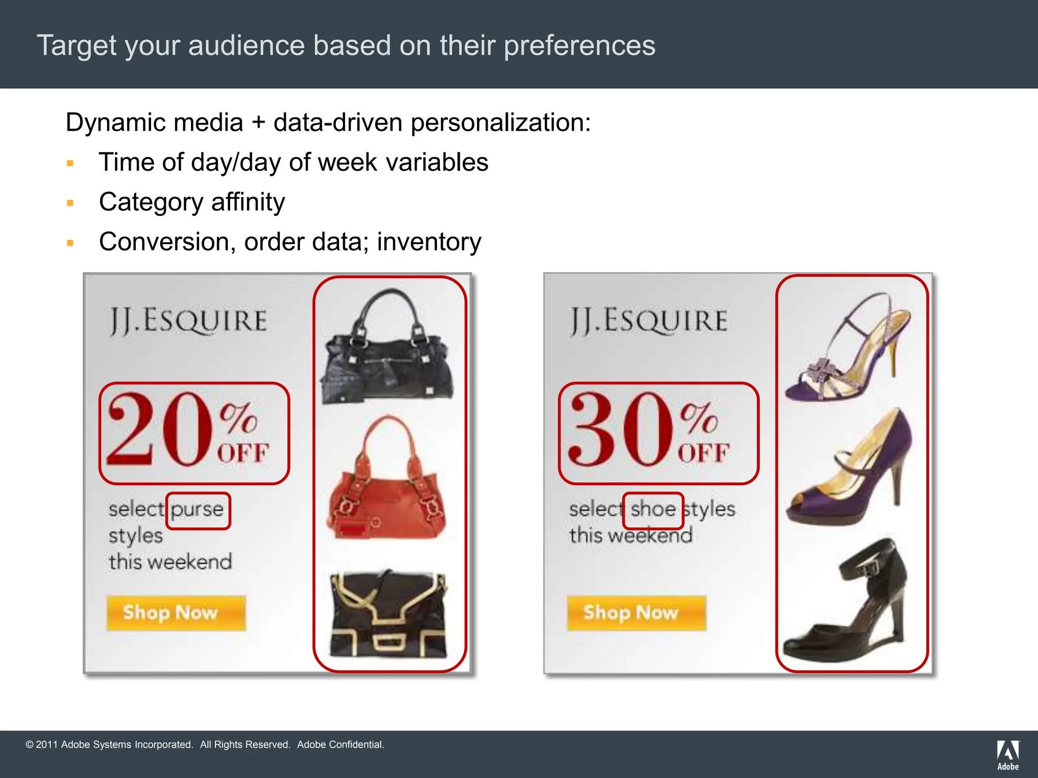 Target your audience based on their preferences

        Dynamic media + data-driven personalization:
              Time of day/day of week variables
              Category affinity
              Conversion, order data; inventory




© 2011 Adobe Systems Incorporated. All Rights Reserved. Adobe Confidential.
 