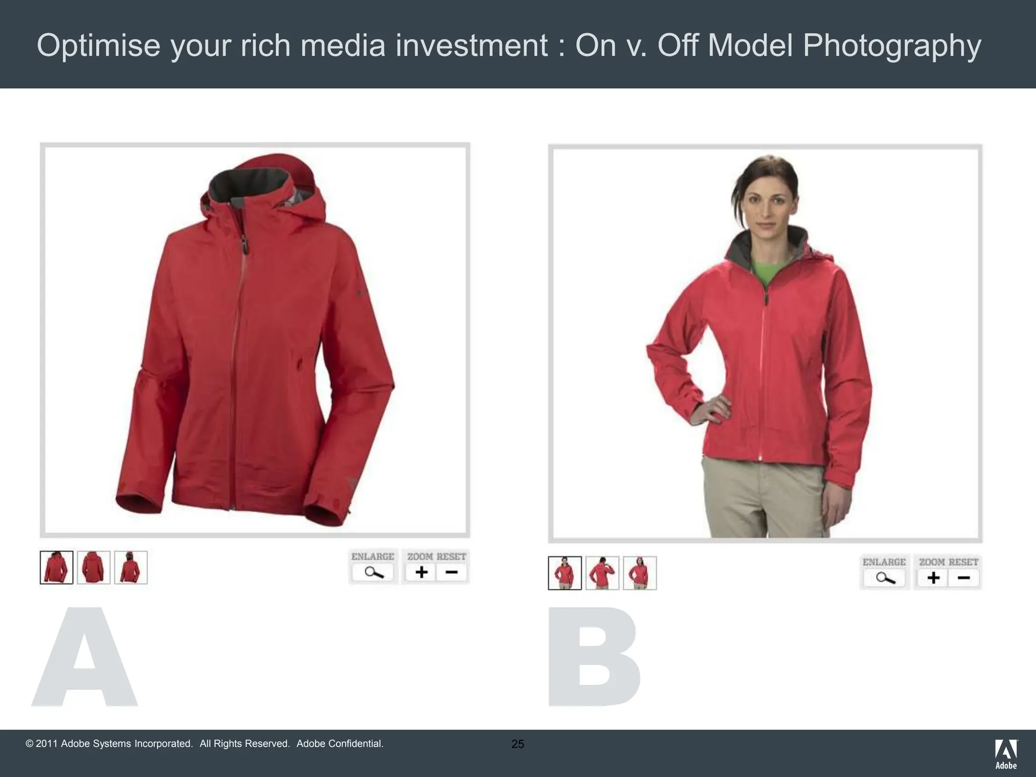 Optimise your rich media investment : On v. Off Model Photography




 A
© 2011 Adobe Systems Incorporated. All Rights Reserved. Adobe Confidential.   25
                                                                                   B
 