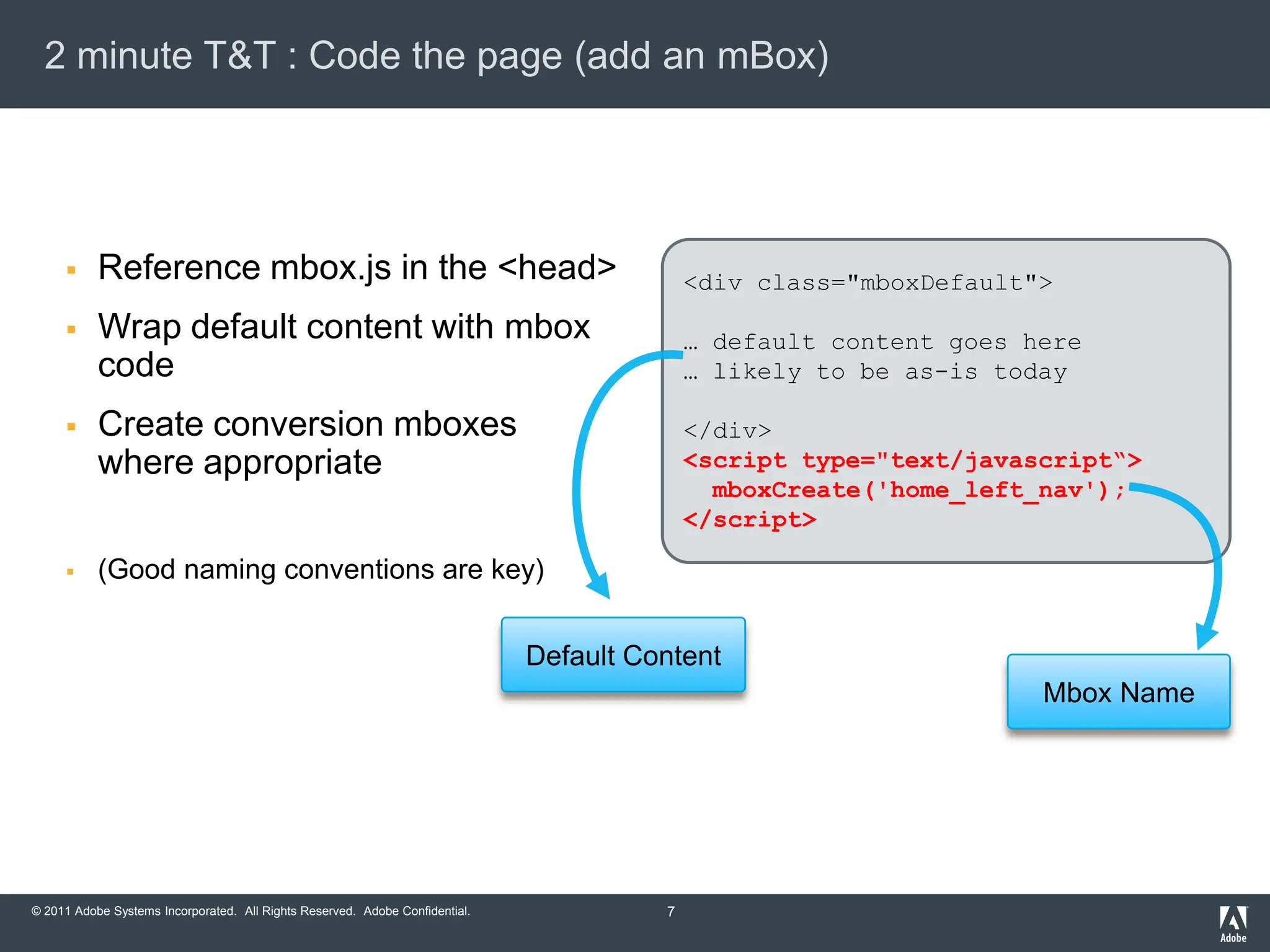 2 minute T&T : Code the page (add an mBox)




          Reference mbox.js in the <head>                                                  <div class="mboxDefault">
          Wrap default content with mbox                                                   … default content goes here
           code                                                                             … likely to be as-is today

          Create conversion mboxes                                                         </div>
           where appropriate                                                                <script type="text/javascript“>
                                                                                              mboxCreate('home_left_nav');
                                                                                            </script>

          (Good naming conventions are key)


                                                                              Default Content
                                                                                                                    Mbox Name




© 2011 Adobe Systems Incorporated. All Rights Reserved. Adobe Confidential.             7
 