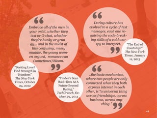 Dating culture has
evolved to a cycle of text
messages, each one re-
quiring the code-break-
ing skills of a cold war
spy to interpret. “The End of
Courtship?”
The New York
Times, January
11, 2013
16
Embrace all of the men in
your orbit, whether they
text or G-chat, whether
they’re hunky or grun-
gy... and in the midst of
this confusing, messy
muddle, the young wom-
en argued, romance can
(sometimes) bloom.
“Seeking Love?
Find Strength in
Numbers”
The New York
Times, October
24, 2012
“Tinder’s Sean
Rad Hints At A
Future Beyond
Dating,”
TechCrunch, Oc-
tober 29, 2013
..the basic mechanism,
where two people are only
connected when they both
express interest in each
other, is “a universal thing
across friendships, across
business, across any-
thing.”
 