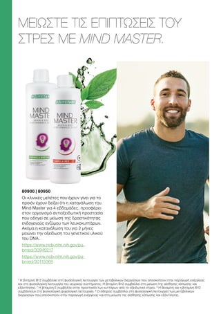 3
Η βιταμίνη B12 συμβάλλει στη φυσιολογική λειτουργία των μεταβολικών διεργασιών που αποσκοπούν στην παραγωγή ενέργειας
και στη φυσιολογική λειτουργία του νευρικού συστήματος. Η βιταμίνη Β12 συμβάλλει στη μείωση της αίσθησης κόπωσης και
εξάντλησης. 7
Η βιταμίνη E συμβάλλει στην προστασία των κυττάρων από το οξειδωτικό στρες. 8
Η θειαμίνη και η βιταμίνη B12
συμβάλλουν στη φυσιολογική ψυχολογική λειτουργία. 9
Ο σίδηρος συμβάλλει στη φυσιολογική λειτουργία των μεταβολικών
διεργασιών που αποσκοπούν στην παραγωγή ενέργειας και στη μείωση της αίσθησης κόπωσης και εξάντλησης.
ΜΕΙΏΣΤΕ ΤΙΣ ΕΠΙΠΤΏΣΕΙΣ ΤΟΥ
ΣΤΡΕΣ ΜΕ MIND MASTER.
80900 | 80950
Oι κλινικές μελέτες που έχουν γίνει για το
προιόν έχουν δείξει ότι η κατανάλωση του
Mind Master για 4 εβδομάδες, προσφέρει
στον οργανισμό αντιοξειδωτική προστασία
που οδηγεί σε μείωση της δραστικότητας
ενδογενούς ενζύμου των λευκοκυττάρων.
Ακόμα η κατανάλωση του για 2 μήνες
μειώνει την οξείδωση του γενετικού υλικού
του DNA.
https://www.ncbi.nlm.nih.gov/pu-
bmed/30940217
https://www.ncbi.nlm.nih.gov/pu-
bmed/30115068
 
