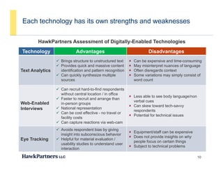 Each technology has its own strengths and weaknesses
HawkPartners Assessment of Digitally-Enabled Technologies
Technology Advantages Disadvantagesgy g g
Text Analytics
 Brings structure to unstructured text
 Provides quick and massive content
identification and pattern recognition
 Can quickly synthesize multiple
 Can be expensive and time-consuming
 May misinterpret nuances of language
 Often disregards context
 Some variations may simply consist of Can quickly synthesize multiple
sources
 Some variations may simply consist of
word count
 Can recruit hard-to-find respondents
without central location / in office
 Less able to see body language/non
Web-Enabled
Interviews
 Faster to recruit and arrange than
in-person groups
 National representation
 Can be cost effective - no travel or
facility costs
 Less able to see body language/non
verbal cues
 Can skew toward tech-savvy
respondents
 Potential for technical issues
facility costs
 Can capture reactions via web-cam
Eye Tracking
 Avoids respondent bias by giving
insight into subconscious behavior
 Helpful for material evaluation /
 Equipment/staff can be expensive
 Does not provide insights on why
l f t i thi
10
Eye Tracking Helpful for material evaluation /
usability studies to understand user
interaction
people focus on certain things
 Subject to technical problems
 