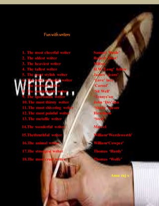 Funwithwriters
1. The most cheerful writer Samuel ‘Smile’
2. The oldest writer Robert ‘frost’
3. The heaviest writer Milton
4. The tallest writer H.W.’Long’ fellow
5. The most stylish writer James ‘ jeans’
6. The most romantic writer ‘Love’ lace
7. The musical writer ‘Carool’
8. The comfortable writer ‘Sit Well’
9. The sportsman writer ‘Tennys’on
10.The most thirsty writer John ‘Dry’den
11.The most shivering writer ‘Shake’ speare
12.The most painful writer Hawthorn
13.The metallic writer ‘Steel’
14.The wonderful writer Marvel
15.Thethruthful writer William‘Wordsworth’
16.The animal writer William‘Cowper’
17.The strongest writer Thomas ‘Hardy’
18.The most cruel writer Thomas ‘Wolfe’
Ansu raj s
 