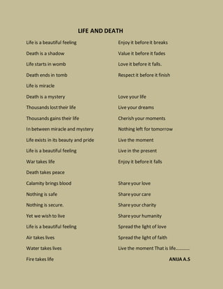 LIFE AND DEATH
Life is a beautiful feeling
Death is a shadow
Life starts in womb
Death ends in tomb
Life is miracle
Death is a mystery
Thousands losttheir life
Thousands gains their life
In between miracle and mystery
Life exists in its beauty and pride
Life is a beautiful feeling
War takes life
Death takes peace
Calamity brings blood
Nothing is safe
Nothing is secure.
Yet we wish to live
Life is a beautiful feeling
Air takes lives
Water takes lives
Fire takes life
Enjoy it beforeit breaks
Value it before it fades
Love it before it falls.
Respect it before it finish
Love your life
Live your dreams
Cherish your moments
Nothing left for tomorrow
Live the moment
Live in the present
Enjoy it beforeit falls
Shareyour love
Shareyour care
Shareyour charity
Shareyour humanity
Spread the light of love
Spread the light of faith
Live the moment That is life…………
ANIJA A.S
 