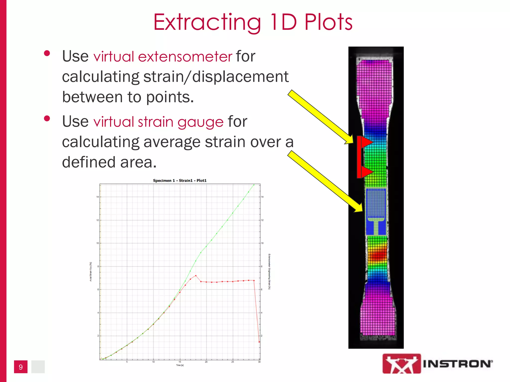 9
Extracting 1D Plots
• Use virtual extensometer for
calculating strain/displacement
between to points.
• Use virtual strain gauge for
calculating average strain over a
defined area.
 