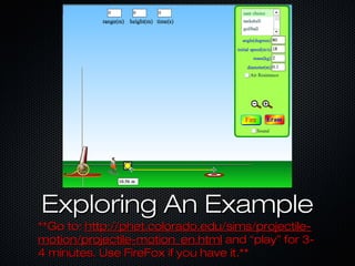Exploring An ExampleExploring An Example
**Go to:**Go to: http://phet.colorado.edu/sims/projectile-http://phet.colorado.edu/sims/projectile-
motion/projectile-motion_en.htmlmotion/projectile-motion_en.html and “play” for 3-and “play” for 3-
4 minutes. Use FireFox if you have it.**4 minutes. Use FireFox if you have it.**
 