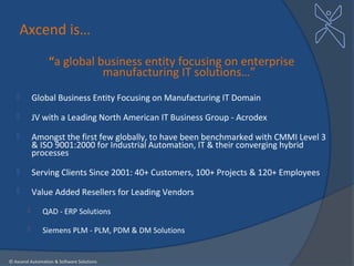 Axcend is…
                  “a global business entity focusing on enterprise
                             manufacturing IT solutions…”
           Global Business Entity Focusing on Manufacturing IT Domain
           JV with a Leading North American IT Business Group - Acrodex
           Amongst the first few globally, to have been benchmarked with CMMI Level 3
            & ISO 9001:2000 for Industrial Automation, IT & their converging hybrid
            processes
           Serving Clients Since 2001: 40+ Customers, 100+ Projects & 120+ Employees
           Value Added Resellers for Leading Vendors
              QAD - ERP Solutions

              Siemens PLM - PLM, PDM & DM Solutions


© Axcend Automation & Software Solutions
 