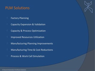 PLM Solutions

             Factory Planning

             Capacity Expansion & Validation

             Capacity & Process Optimization

             Improved Resources Utilization

             Manufacturing Planning Improvements

             Manufacturing Time & Cost Reductions

             Process & Work Cell Simulation




© Axcend Automation & Software Solutions
 