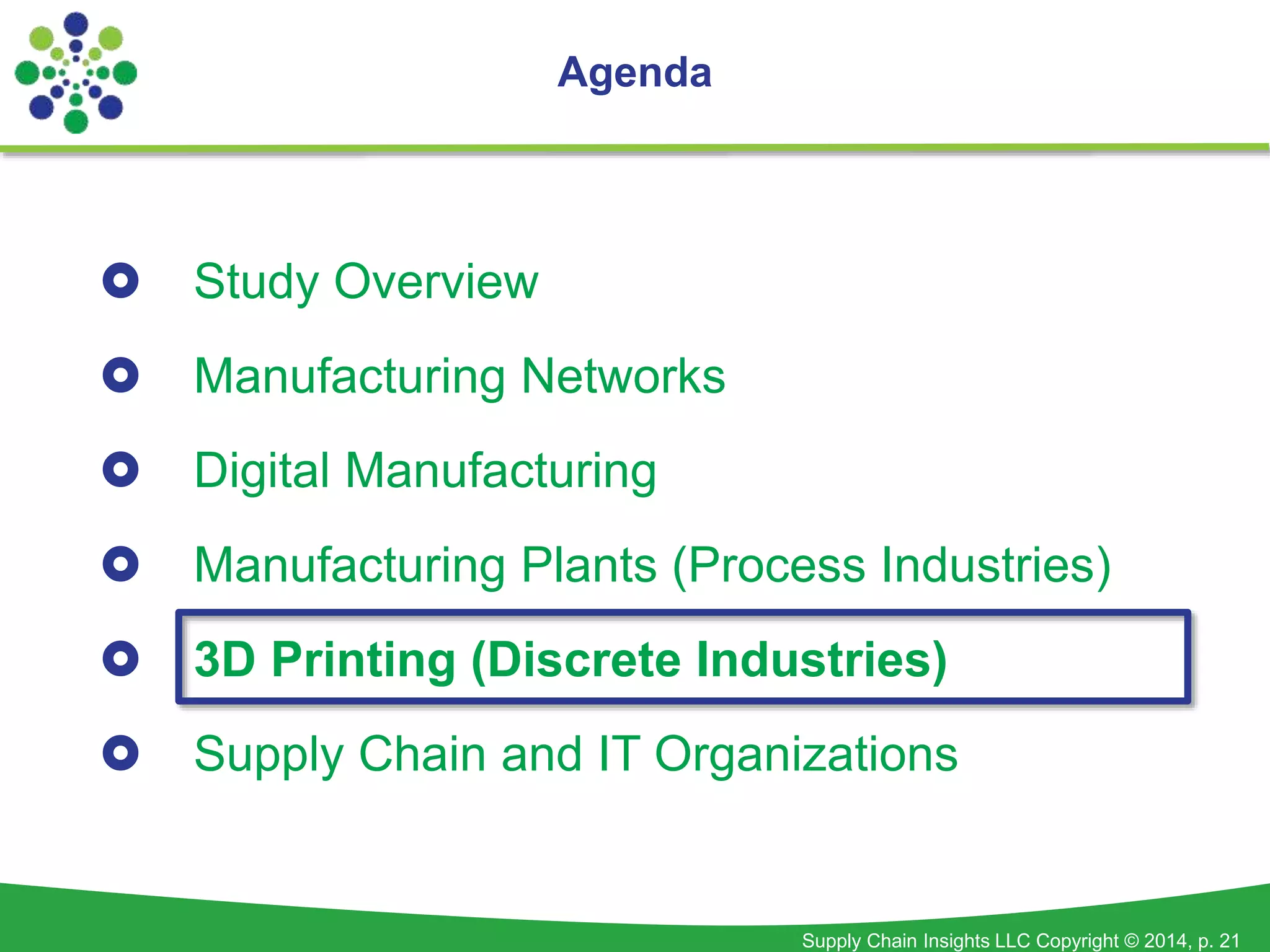Supply Chain Insights LLC Copyright © 2014, p. 21 
Agenda 
 Study Overview 
 Manufacturing Networks 
 Digital Manufacturing 
 Manufacturing Plants (Process Industries) 
 3D Printing (Discrete Industries) 
 Supply Chain and IT Organizations 
 