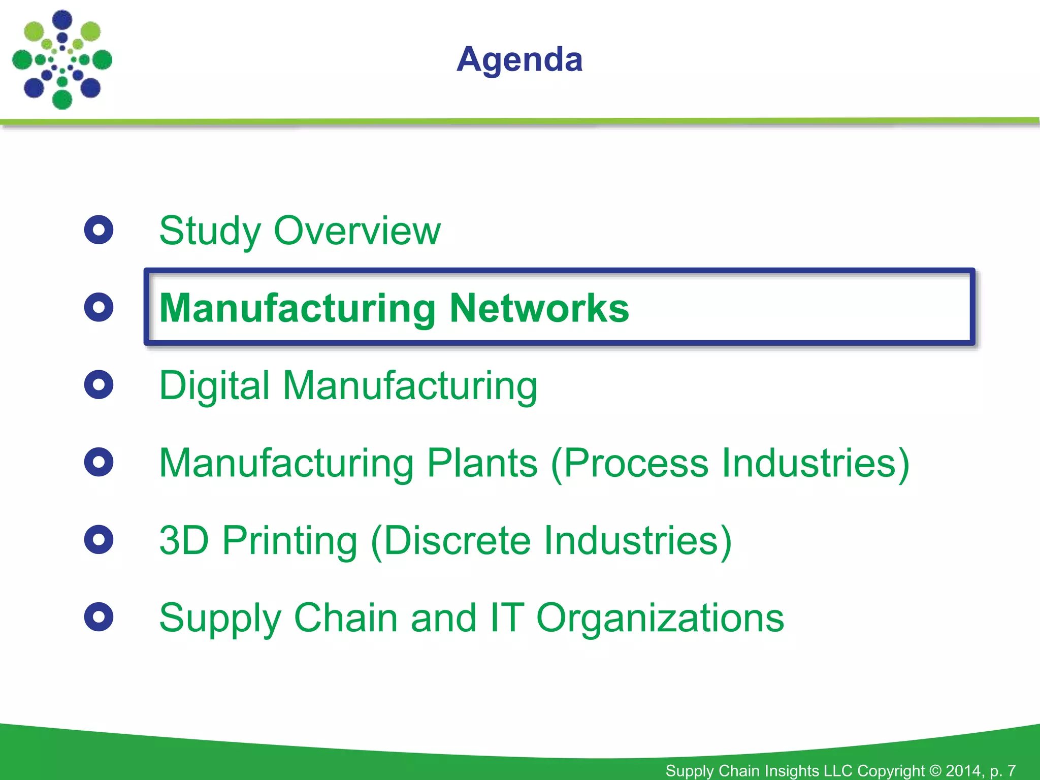 Supply Chain Insights LLC Copyright © 2014, p. 7 
Agenda 
 Study Overview 
 Manufacturing Networks 
 Digital Manufacturing 
 Manufacturing Plants (Process Industries) 
 3D Printing (Discrete Industries) 
 Supply Chain and IT Organizations 
 