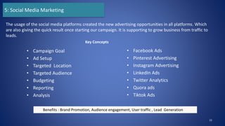 • Campaign Goal
• Ad Setup
• Targeted Location
• Targeted Audience
• Budgeting
• Reporting
• Analysis
• Facebook Ads
• Pinterest Advertising
• Instagram Advertising
• LinkedIn Ads
• Twitter Analytics
• Quora ads
• Tiktok Ads
15
The usage of the social media platforms created the new advertising opportunities in all platforms. Which
are also giving the quick result once starting our campaign. It is supporting to grow business from traffic to
leads.
5: Social Media Marketing
Benefits : Brand Promotion, Audience engagement, User traffic , Lead Generation
Key Concepts
 