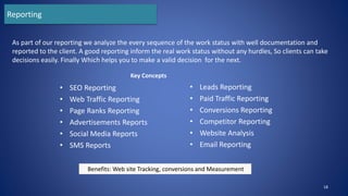 • SEO Reporting
• Web Traffic Reporting
• Page Ranks Reporting
• Advertisements Reports
• Social Media Reports
• SMS Reports
• Leads Reporting
• Paid Traffic Reporting
• Conversions Reporting
• Competitor Reporting
• Website Analysis
• Email Reporting
18
As part of our reporting we analyze the every sequence of the work status with well documentation and
reported to the client. A good reporting inform the real work status without any hurdles, So clients can take
decisions easily. Finally Which helps you to make a valid decision for the next.
Reporting
Benefits: Web site Tracking, conversions and Measurement
Key Concepts
 