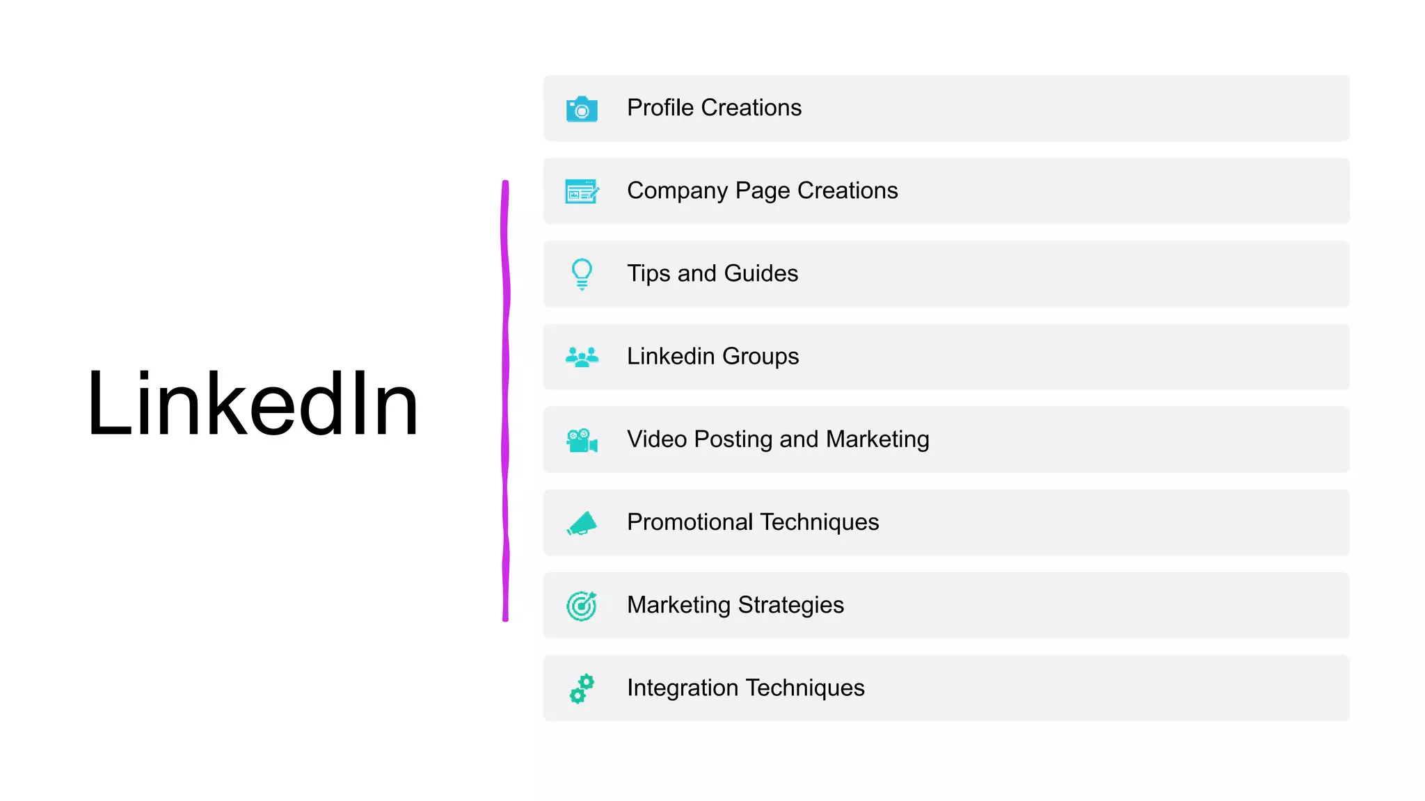 LinkedIn
Profile Creations
Company Page Creations
Tips and Guides
Linkedin Groups
Video Posting and Marketing
Promotional Techniques
Marketing Strategies
Integration Techniques
 