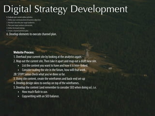 Digital Strategy Development
0. Evaluate your current online activities.
1. Deﬁne your communications & business objectives.
2. Identify & describe your target audiences.
3. Plan your target audience interaction.
4. Deﬁne the broad strategy.
5. Create a channel and form plan.
6. Develop elements to execute channel plan.




          Website Process:
          1. Overhaul your current site by looking at the analytics again.
          2. Map out the current site. Then take it apart and map out a draft new site.
              ‣ List the content you want to have and how it is inter-linked.
              ‣ Consider scaling the site in the future, how will that work.
          2B: STOP! Sense check what you’ve done so far.
          3. Using site content, create the wireframes and back-end set-up
          4. Develop design skins to overlay on top of the wireframes.
          5. Develop the content (and remember to consider SEO when doing so). i.e.
              ‣ How much ﬂash to use.
              ‣ Copywriting with an SEO balance.
 