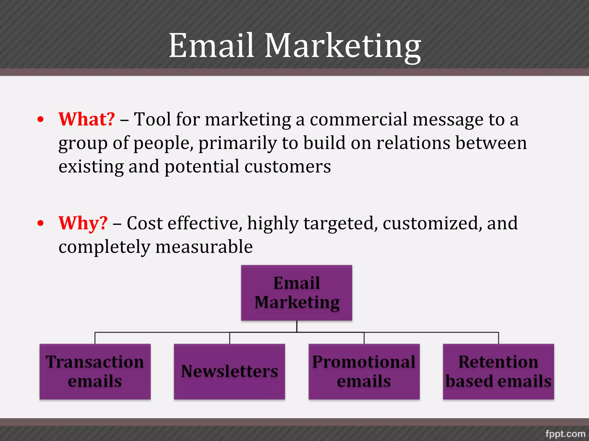 Email Marketing
• What? – Tool for marketing a commercial message to a
  group of people, primarily to build on relations between
  existing and potential customers

• Why? – Cost effective, highly targeted, customized, and
  completely measurable
 