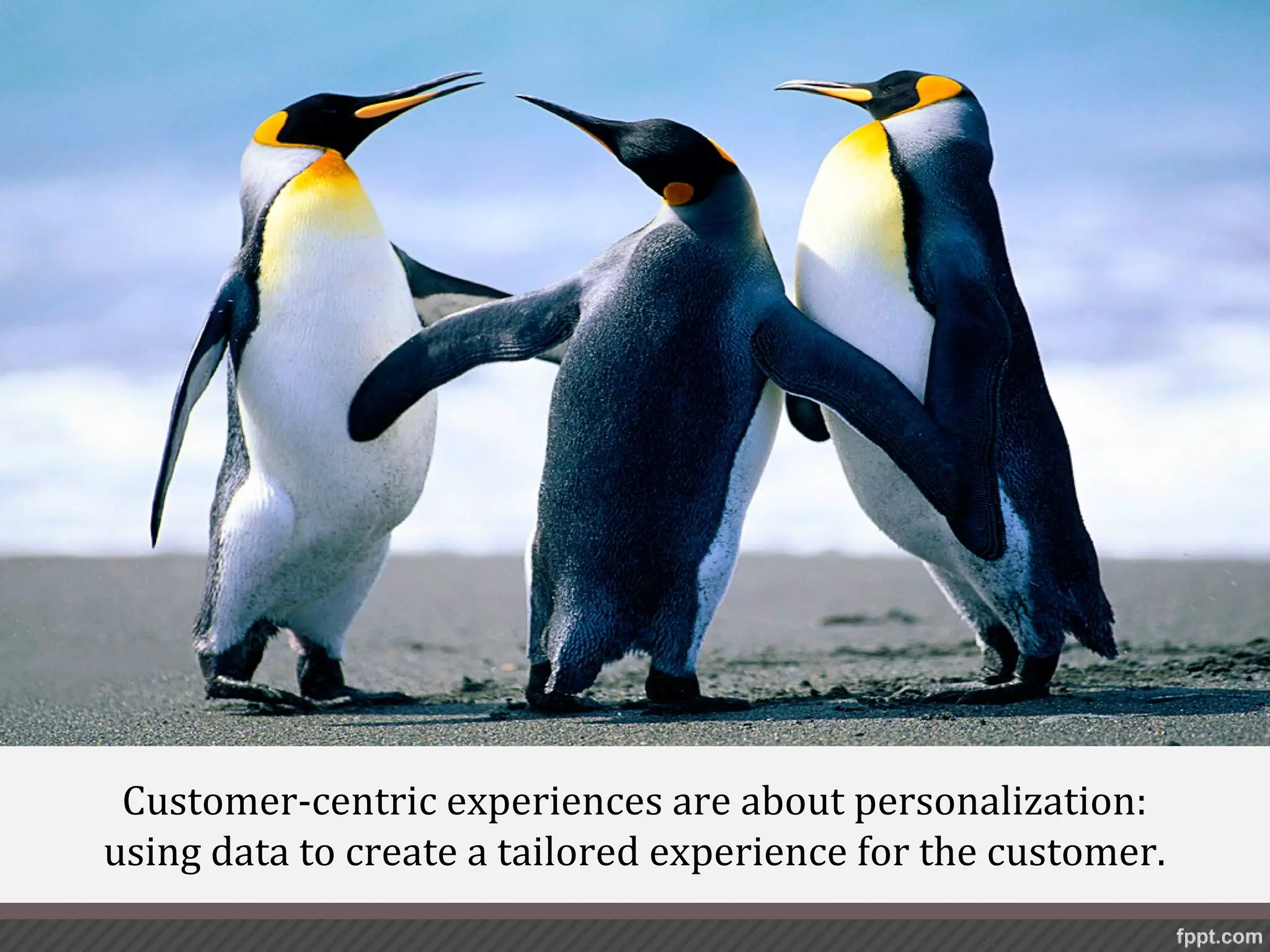 Personalization




 Customer-centric experiences are about personalization:
using data to create a tailored experience for the customer.
 