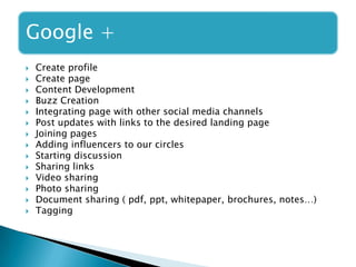 Google +
 Create profile
 Create page
 Content Development
 Buzz Creation
 Integrating page with other social media channels
 Post updates with links to the desired landing page
 Joining pages
 Adding influencers to our circles
 Starting discussion
 Sharing links
 Video sharing
 Photo sharing
 Document sharing ( pdf, ppt, whitepaper, brochures, notes…)
 Tagging
 