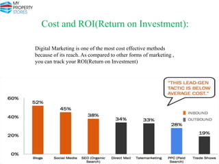 Cost and ROI(Return on Investment):
Digital Marketing is one of the most cost effective methods
because of its reach. As compared to other forms of marketing ,
you can track your ROI(Return on Investment)

 