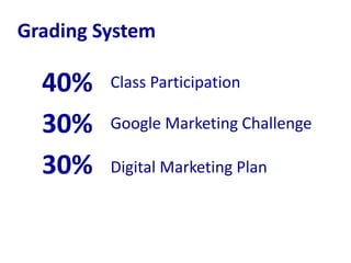 Grading System 
Class Participation 
Google Marketing Challenge 
Digital Marketing Plan 
40% 
30% 
30% 
 