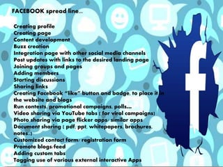 Creating profile
Creating page
Content development
Buzz creation
Integration page with other social media channels
Post updates with links to the desired landing page
Joining groups and pages
Adding members
Starting discussions
Sharing links
Creating Facebook “like” button and badge, to place it in
the website and blogs
Run contests, promotional campaigns, polls…
Video sharing via YouTube tabs ( for viral campaigns)
Photo sharing via page flicker apps/ similar apps
Document sharing ( pdf, ppt, whitepapers, brochures,
notes..)
Customized contact form/ registration form
Promote blogs/feed
Adding custom tabs
Tagging use of various external interactive Apps
FACEBOOK spread line...
 