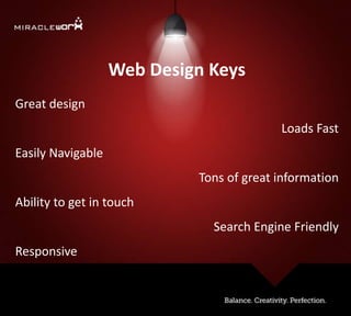 Web Design Keys
Great design
Loads Fast
Easily Navigable
Tons of great information
Ability to get in touch
Search Engine Friendly
Responsive
 