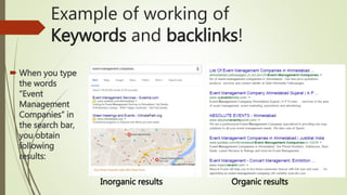  When you type
the words
“Event
Management
Companies” in
the search bar,
you obtain
following
results:
Example of working of
Keywords and backlinks!
Inorganic results Organic results
 