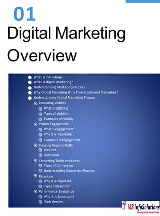 01
What ismarketing?
What is digital marketing?
Understanding Marketing Process
Why Digital Marketing Wins Over traditional Marketing ?
Understanding Digital Marketing Process
Increasing Visibility
What is visibility?
Types of visibility
Examples ofvisibility
Visitors Engagement
What isengagement?
Why it is important?
Examples ofengagement
Bringing TargetedTraﬃc
Inbound
Outbound
Converting Traﬃc into Leads
Types of Conversion
Understanding Conversion Process
Retention
Why it isImportant?
Types ofRetention
Performance Evaluation
Why it is Important?
Tools Needed
Digital Marketing
Overview
 