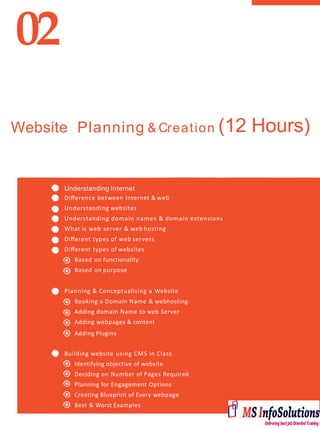 02
Website Planning
Understanding Internet
Diﬀerence between Internet & web
Understanding websites
Understanding domain names & domain extensions
What is web server & web hosting
Diﬀerent types of web servers
Diﬀerent types of websites
Based on functionality
Based on purpose
Planning & Conceptualising a Website
Booking a Domain Name & webhosting
Adding domain Name to web Server
Adding webpages & content
Adding Plugins
Building website using CMS in Class
Identifying objective of website
Deciding on Number of Pages Required
Planning for Engagement Options
Creating Blueprint of Every webpage
Best & Worst Examples
& Creation (12 Hours)
 