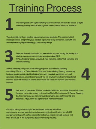Training Process
Thetrainingstarts with DigitalMarketing Overviewwhereinyou learn the basics of digital
marketingthat helpyou builda strong base forthe practical sessions thatfollow.
Then,to provide hands-on-practical exposureyoucreate a website. The purpose behind
creatinga website is to provideyoua practical exposureof every component. AtDSIM, you
are notjustlearningdigitalmarketing,youare actuallydoingit.
Once aredonewith the basics i.e.yourwebsite isupandrunning,the trainingkick
starts to more advanced moduleswhereinyoulearnSEO,
PPCAdvertising,GoogleAnalytics, E-mail marketing,MobileWeb Marketing and
OnlineAdvertising.
Anotherinterestingcomponentinthistrainingprogramis Social Media Marketing
comprisingof Facebook,Twitter,LinkedIn,VideoandViralmarketing. Keeping modernday
business requirementsinmind,thistraininghas a very important component,i.e.,Lead
generationforbusiness. Underthiscomponent,younot onlylearn how to generatepotential
business leads but,also how to convert those leads into sales andincrease yourbusiness
revenue.
Our team of renowned Afﬁliate marketers will train and share tips and tricks on
how you can make money online with Afﬁliate Marketing andAdSense Blogging.
So, thismeans you can mintmoneyonlineanytime, as a part-time orfull-time
freelancer…Allyou needis a laptopandan internetconnection!
Once your trainingis over andyouare well versed practically with all the
components, you are awarded an industry recognized certiﬁcation from DSIM
andgain advantage withourfreejobassistance thathashelpedmanyjobseekers ﬁnd
their dream job in the burgeoning digital marketing industry.
1
3
5
2
4
6
 