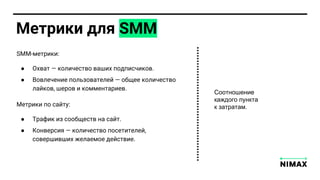 Метрики дл SMM
SMM-метрики:
● Охват — количество ваших подписчиков.
● Вовлечение пол зователей — общее количество
лайков, шеров и комментариев.
Метрики по сайту:
● Трафик из сообществ на сайт.
● Конверси — количество посетителей,
совершивших желаемое действие.
Соотношение
каждого пункта
к затратам.
 