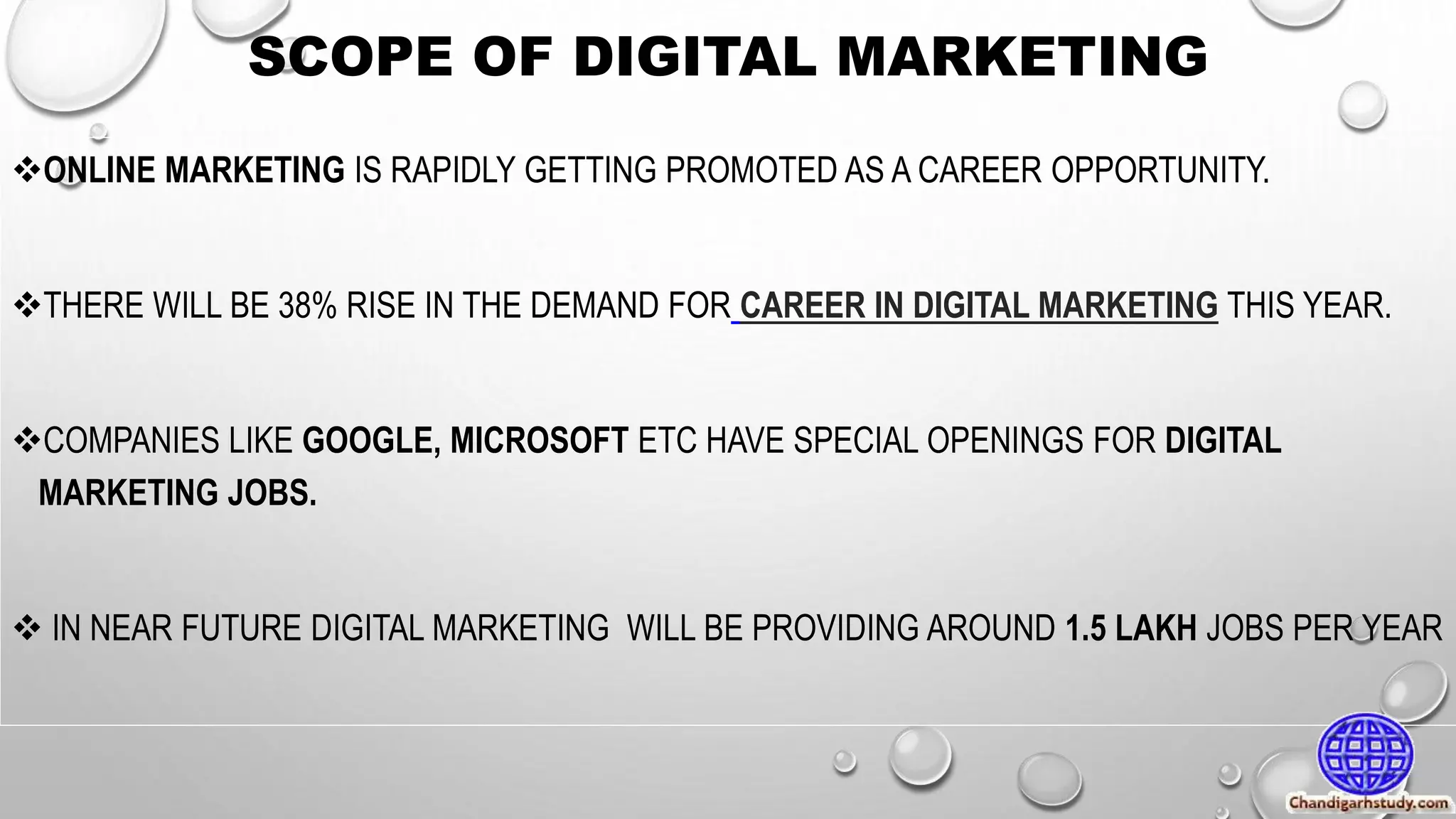 SCOPE OF DIGITAL MARKETING
ONLINE MARKETING IS RAPIDLY GETTING PROMOTED AS A CAREER OPPORTUNITY.
THERE WILL BE 38% RISE IN THE DEMAND FOR CAREER IN DIGITAL MARKETING THIS YEAR.
COMPANIES LIKE GOOGLE, MICROSOFT ETC HAVE SPECIAL OPENINGS FOR DIGITAL
MARKETING JOBS.
IN NEAR FUTURE DIGITAL MARKETING WILL BE PROVIDING AROUND 1.5 LAKH JOBS PER YEAR