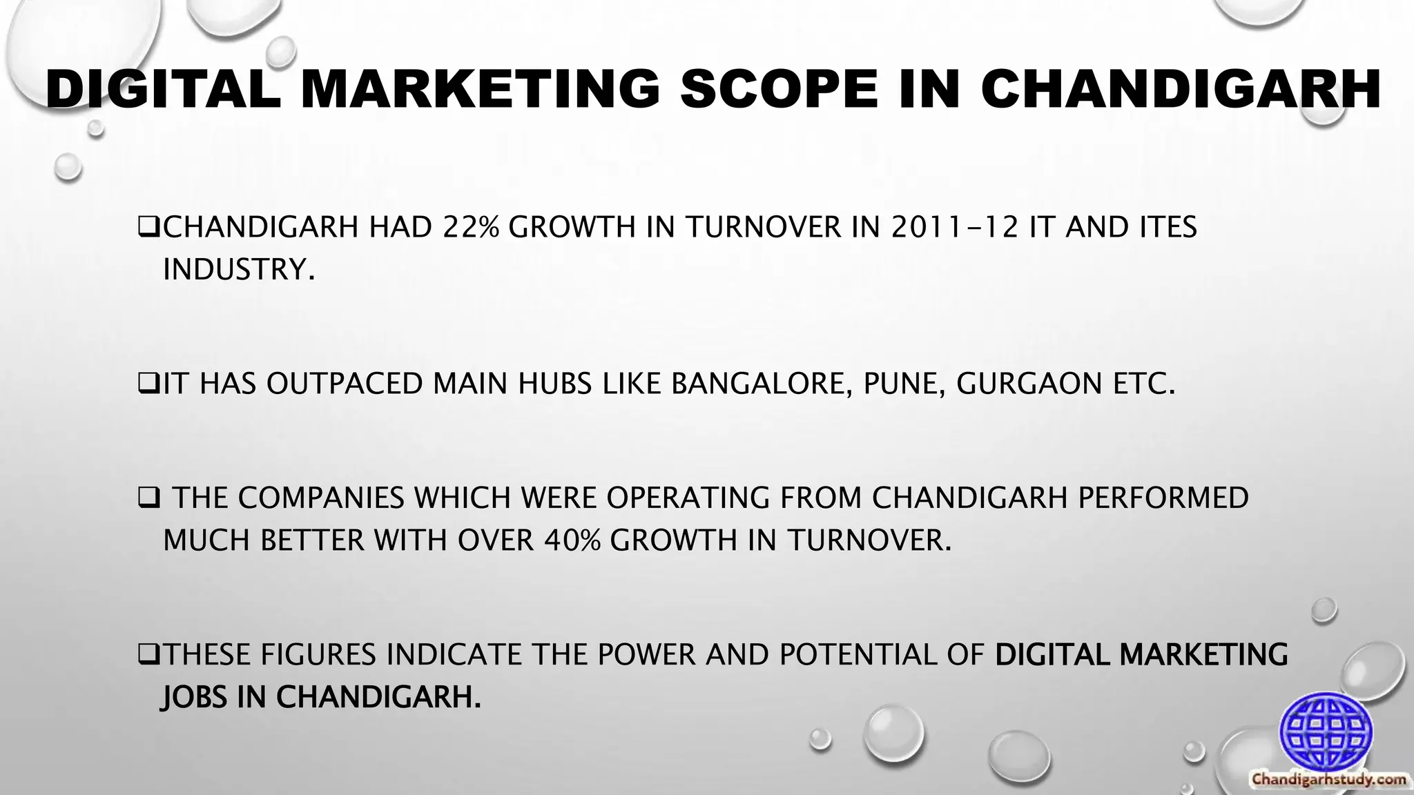 DIGITAL MARKETING SCOPE IN CHANDIGARH
CHANDIGARH HAD 22% GROWTH IN TURNOVER IN 2011-12 IT AND ITES
INDUSTRY.
IT HAS OUTPACED MAIN HUBS LIKE BANGALORE, PUNE, GURGAON ETC.
THE COMPANIES WHICH WERE OPERATING FROM CHANDIGARH PERFORMED
MUCH BETTER WITH OVER 40% GROWTH IN TURNOVER.
THESE FIGURES INDICATE THE POWER AND POTENTIAL OF DIGITAL MARKETING
JOBS IN CHANDIGARH.