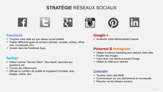 PAGE22
STRATÉGIE RÉSEAUX SOCIAUX
Facebook
 Touchez votre cible sur son réseau social préféré
 Publier différents types de contenu (articles, conseils, photos, offres,
avis, nouveautés, etc)
 Investir dans les Facebook Apps
Twitter
 Utiliser comme “Service Client”: être réactif, répondre aux
questions, etc
 Trouver des influenceurs
 Diffuser un contenu de qualité et engageant (conseils, actu,
images, vidéos, etc)
Google +
 Améliorer votre référencement naturel
Pinterest & Instagram
 Utiliser le picture marketing pour séduire votre cible
 Publier des images
 Faire rêver vos clients à travers l’image
 Utiliser la vidéo pour séduire
LinkedIn
 Toucher votre cible BtoB
 Communiquer sur vos évènements et nouveautés
 Recruter via les réseaux sociaux
 