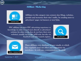 September 7, 2017 www.snipe.co.in 25
Affiliate Marketing
Affiliates in this category run content sites (blogs, websites,
portals) and monetize their sites’ traffic, by sending users to
advertisers’ pages via banners or text links.
PPC affiliates use their PPC advertising experience or
knowledge in order to send users directly to advertisers’
websites (in other words they do not have their own
websites), usually via Google AdWords, but also via
Facebook and other search engines.
These affiliates own databases of user emails, to which
they regularly send out offers and suggestions via
newsletter. As with any communication via email
 