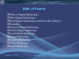 September 7, 2017 www.snipe.co.in 3
Table of Content
What is Digital Marketing ?
Why Digital Marketing ?
How Digital marketing involved in the industry ?
Examples
Types of Digital Marketing
Search Engine Marketing
Social Media Marketing
Digital Marketing
Content Marketing
Video Marketing
Email Marketing
 