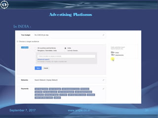 September 7, 2017 www.snipe.co.in 31
Advertising Platforms
In INDIA :
 