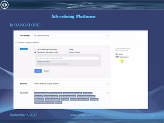 September 7, 2017 www.snipe.co.in 32
Advertising Platforms
In BANGALORE :
 
