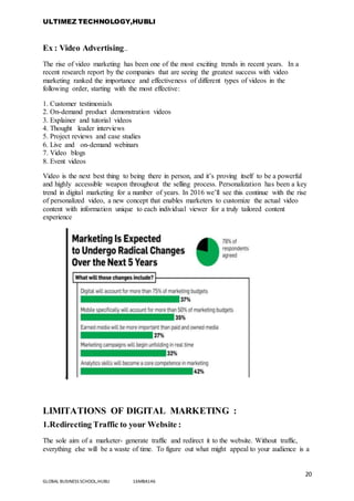 ULTIMEZ TECHNOLOGY,HUBLI
20
GLOBAL BUSINESS SCHOOL,HUBLI 16MBA146
Ex : Video Advertising..
The rise of video marketing has been one of the most exciting trends in recent years. In a
recent research report by the companies that are seeing the greatest success with video
marketing ranked the importance and effectiveness of different types of videos in the
following order, starting with the most effective:
1. Customer testimonials
2. On-demand product demonstration videos
3. Explainer and tutorial videos
4. Thought leader interviews
5. Project reviews and case studies
6. Live and on-demand webinars
7. Video blogs
8. Event videos
Video is the next best thing to being there in person, and it’s proving itself to be a powerful
and highly accessible weapon throughout the selling process. Personalization has been a key
trend in digital marketing for a number of years. In 2016 we’ll see this continue with the rise
of personalized video, a new concept that enables marketers to customize the actual video
content with information unique to each individual viewer for a truly tailored content
experience
.
LIMITATIONS OF DIGITAL MARKETING :
1.Redirecting Traffic to your Website :
The sole aim of a marketer- generate traffic and redirect it to the website. Without traffic,
everything else will be a waste of time. To figure out what might appeal to your audience is a
 