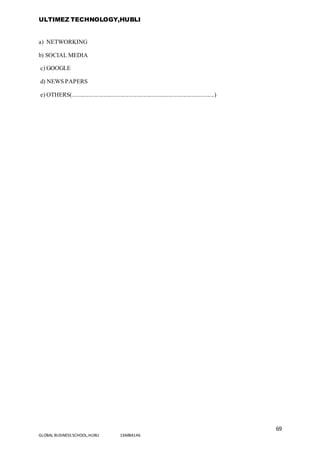 ULTIMEZ TECHNOLOGY,HUBLI
69
GLOBAL BUSINESS SCHOOL,HUBLI 16MBA146
a) NETWORKING
b) SOCIAL MEDIA
c) GOOGLE
d) NEWS PAPERS
e) OTHERS(................................................................................................)
 