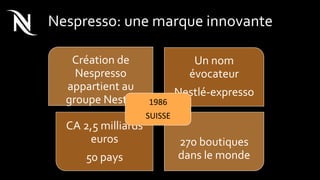 Nespresso: une marque innovante
Création de
Nespresso
appartient au
groupe Nestlé
Un nom
évocateur
Nestlé-expresso
CA 2,5 milliards
euros
50 pays
270 boutiques
dans le monde
1986
SUISSE
 