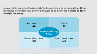 Le concept de marketing fondamental c’est le marketing-mix, aussi appelé les 4P du
marketing. Ce modèle vous permet d’analyser et de définir les 4 piliers de toute
stratégie marketing.
 